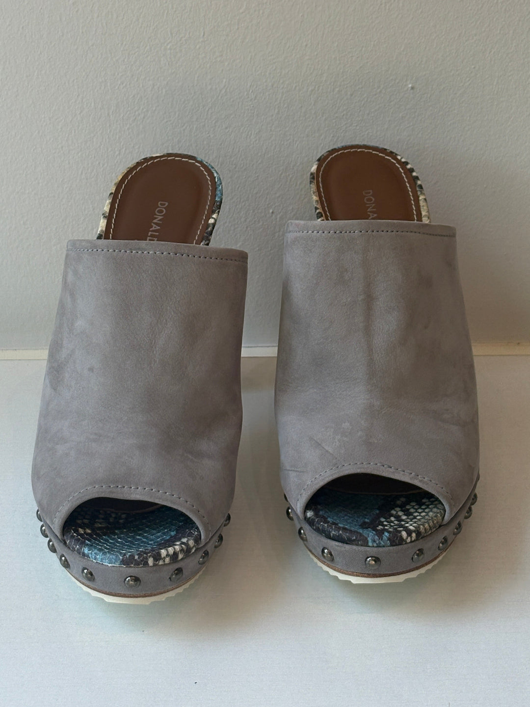 Donald Pliner Grey Suede Studded Platform Mules