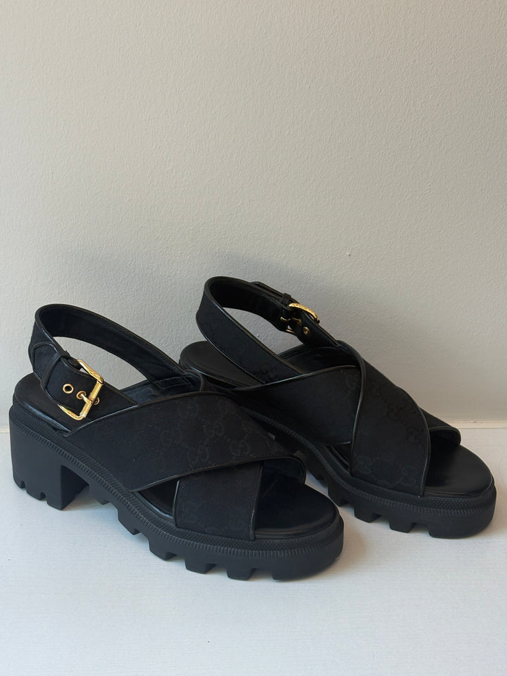 Gucci Black GG Canvas Platform Lug Sole Sandals