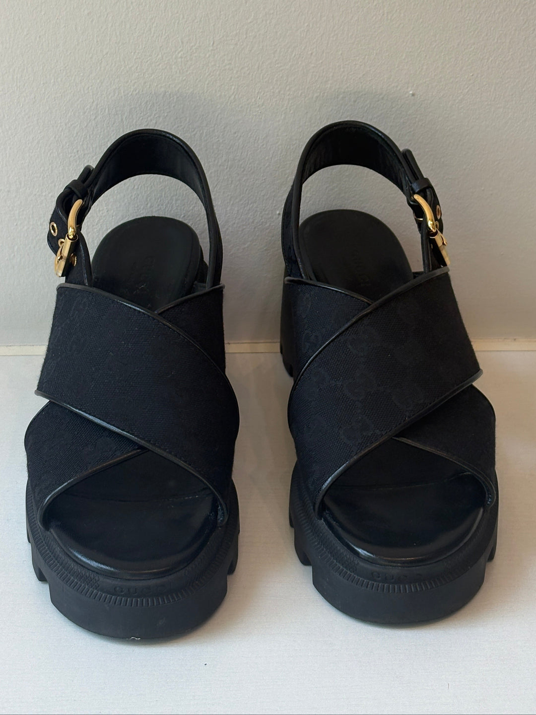 Gucci Black GG Canvas Platform Lug Sole Sandals