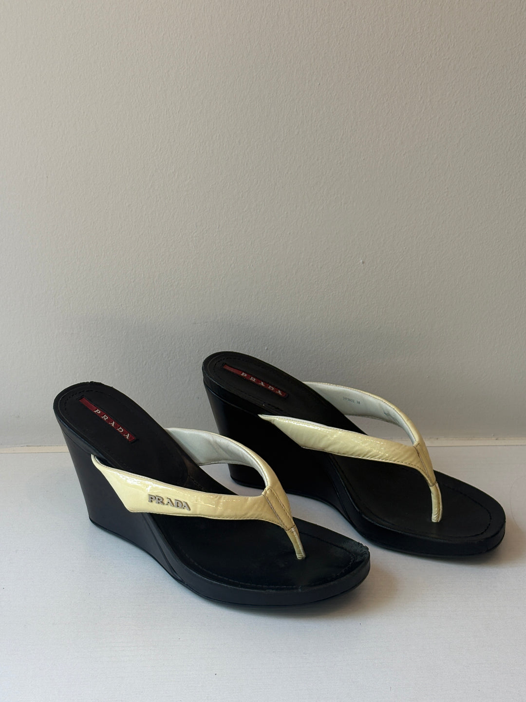 Prada Sport White Patent Leather Wedge Thong Sandals