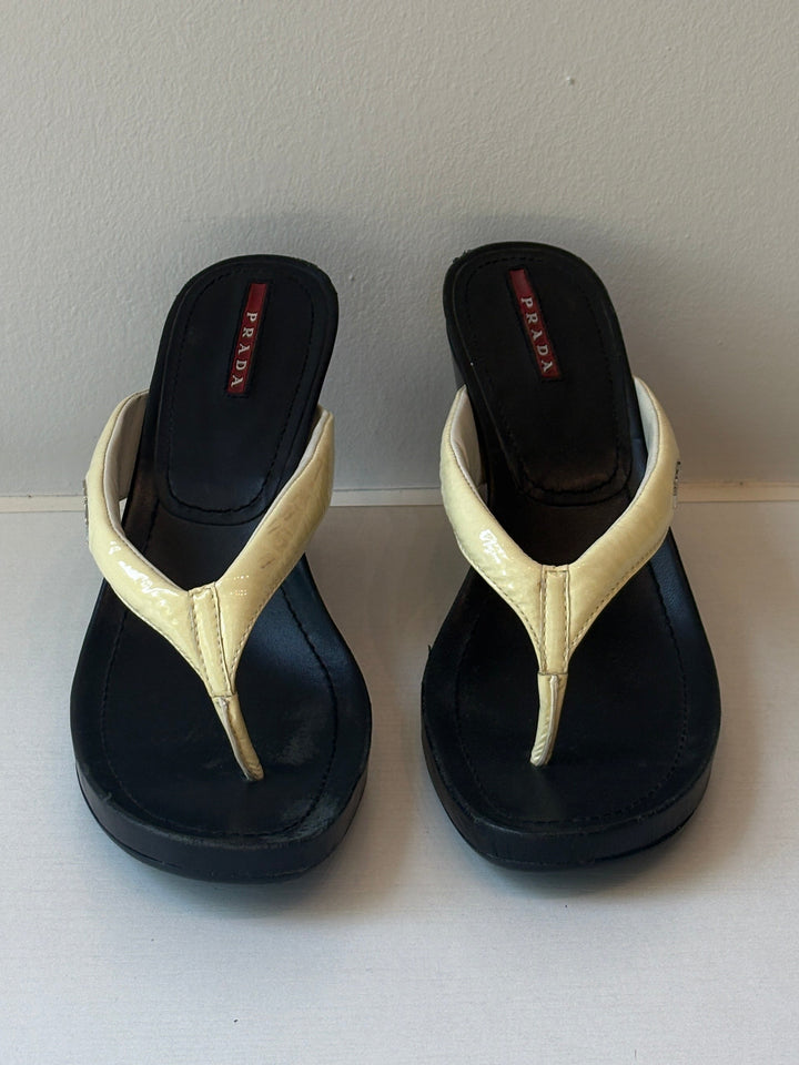 Prada Sport White Patent Leather Wedge Thong Sandals