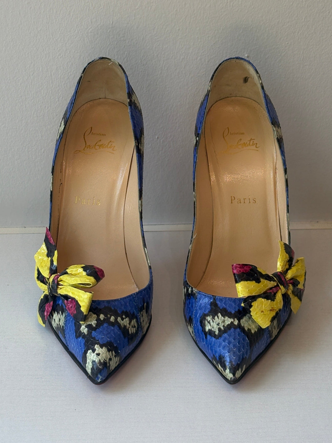 Christian Louboutin Blue Multicolor Genuine Snakeskin Bow Pumps