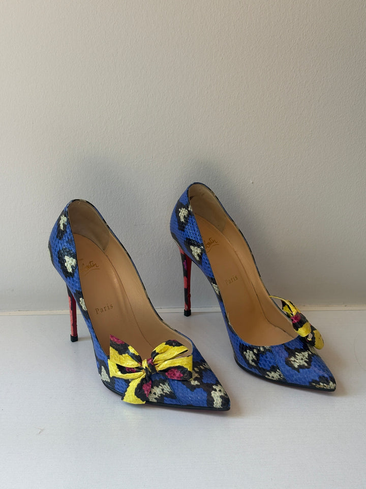 Christian Louboutin Blue Multicolor Genuine Snakeskin Bow Pumps