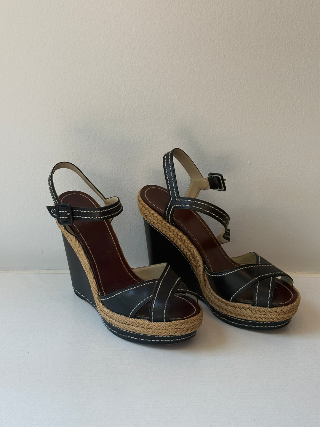 Christian Louboutin Almeria Black Leather Espadrille Wedge Sandals