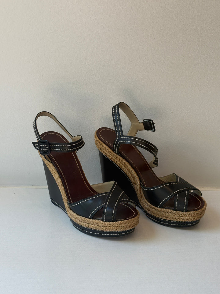 Christian Louboutin Almeria Black Leather Espadrille Wedge Sandals