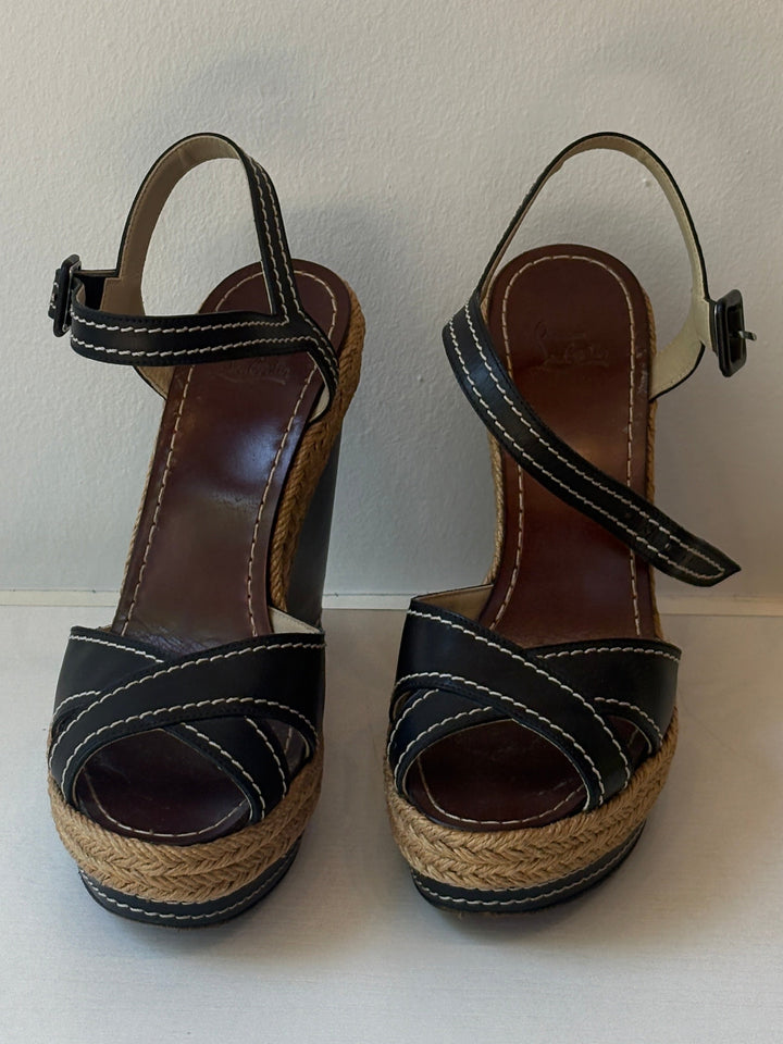 Christian Louboutin Almeria Black Leather Espadrille Wedge Sandals