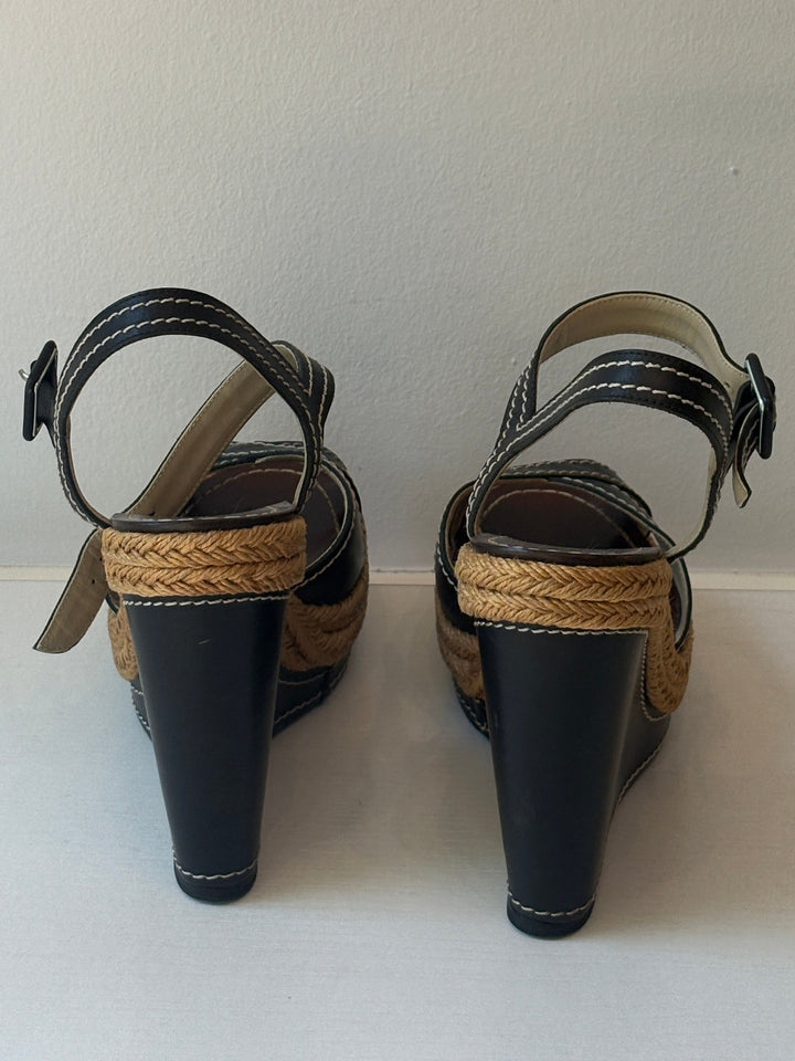 Christian Louboutin Almeria Black Leather Espadrille Wedge Sandals