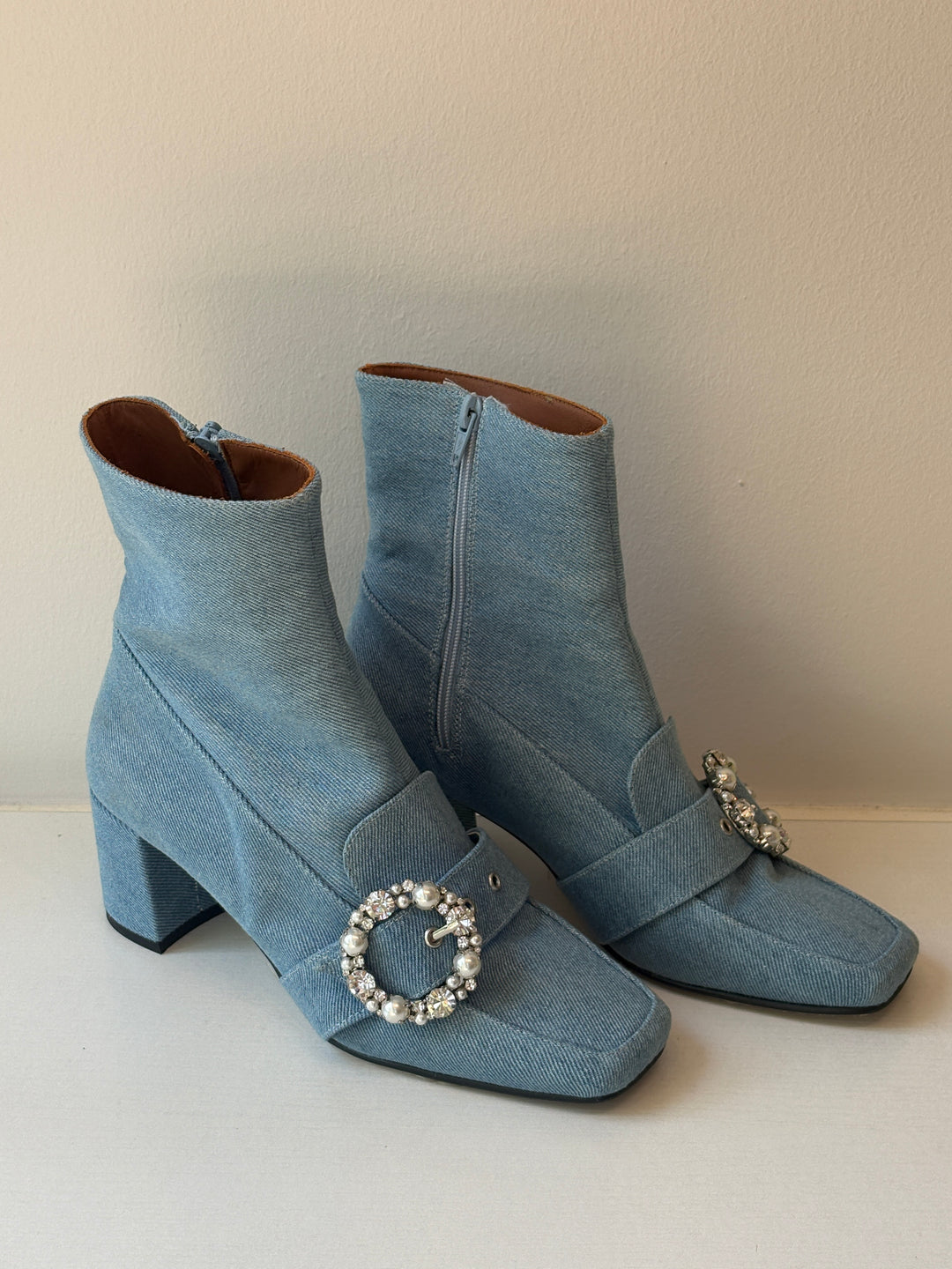 Alohas Light Wash Denim Ankle Boots with Crystal Buckle