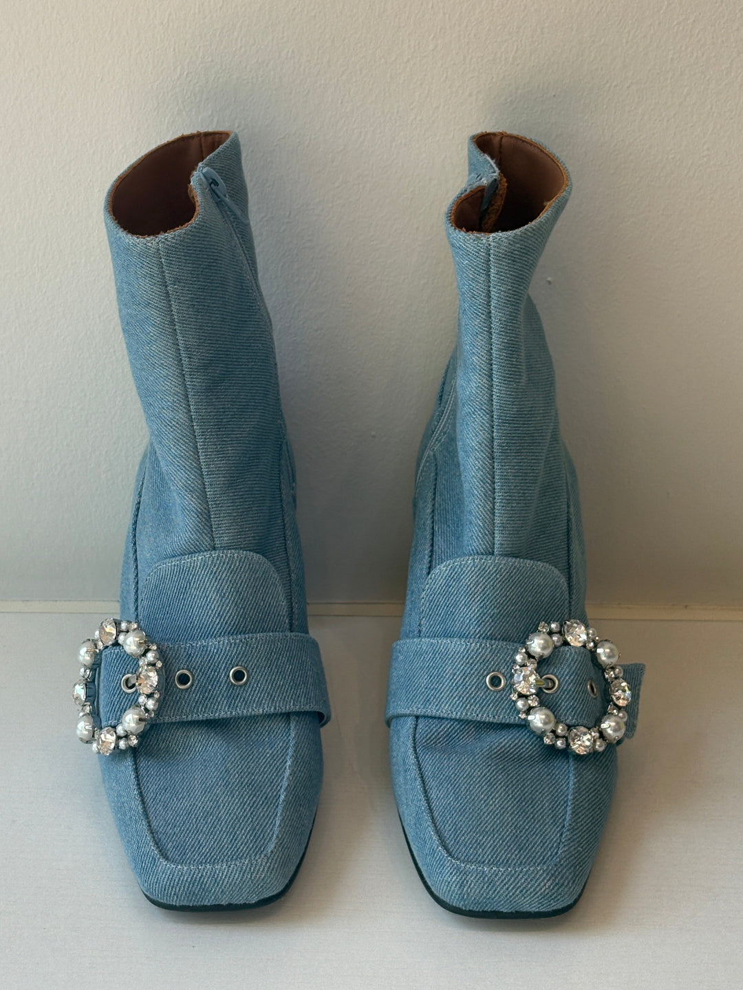 Alohas Light Wash Denim Ankle Boots with Crystal Buckle