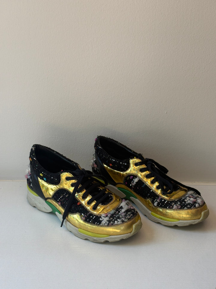 Chanel 2014 Metallic Gold Leather and Tweed Sneakers