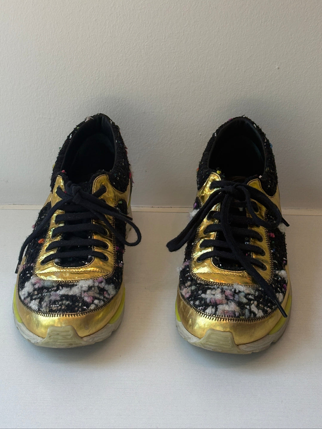 Chanel 2014 Metallic Gold Leather and Tweed Sneakers
