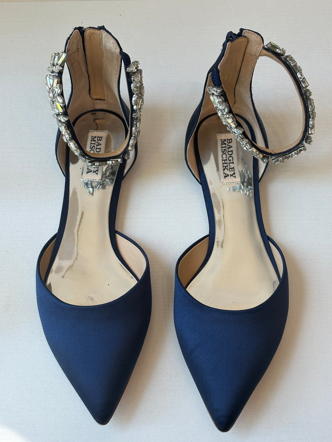 Badgley Mischka Navy Satin Rhinestone Ankle Strap Flats