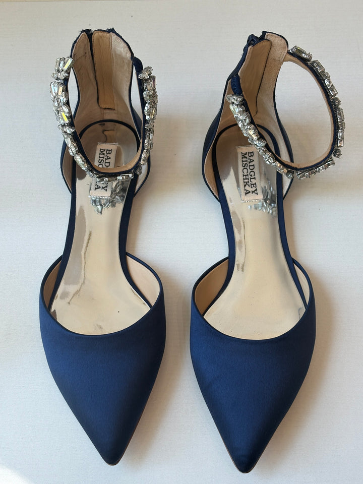 Badgley Mischka Navy Satin Rhinestone Ankle Strap Flats
