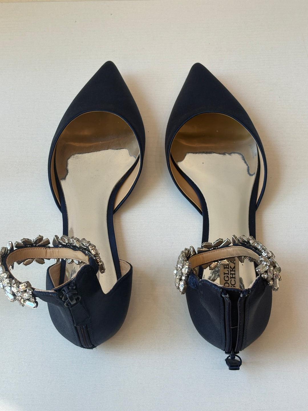 Badgley Mischka Navy Satin Rhinestone Ankle Strap Flats