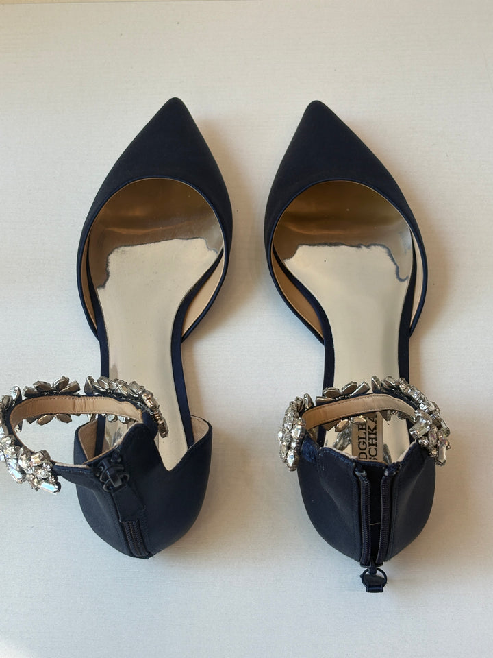Badgley Mischka Navy Satin Rhinestone Ankle Strap Flats