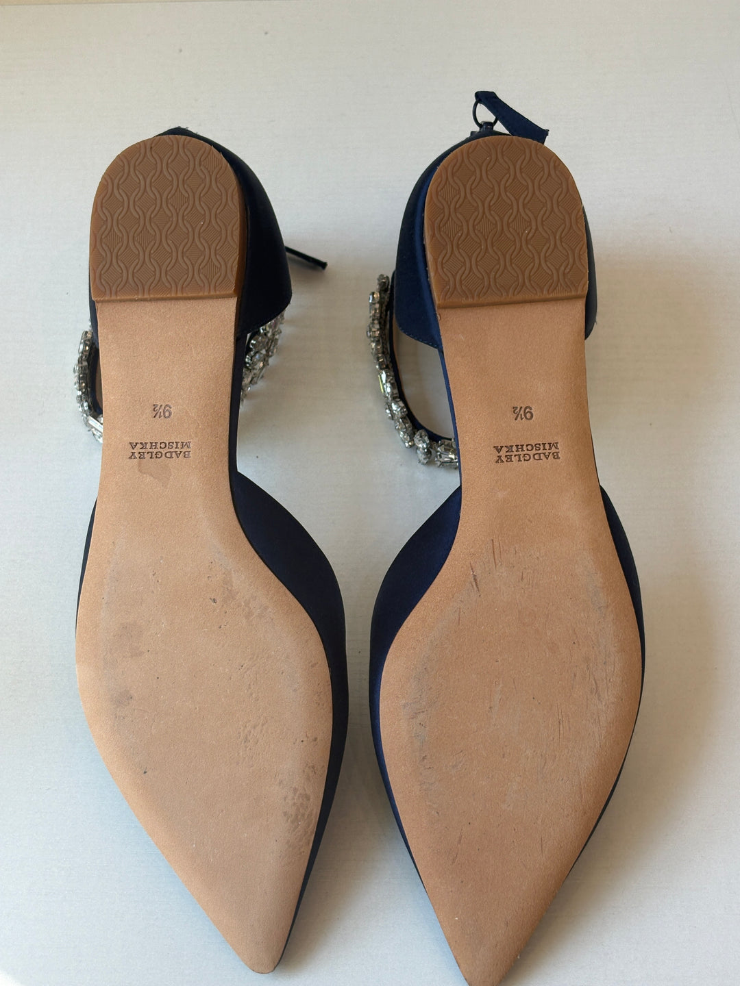 Badgley Mischka Navy Satin Rhinestone Ankle Strap Flats