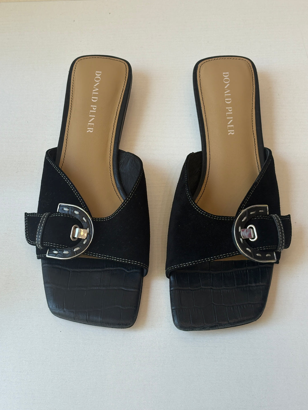 Donald Pliner Black Suede and Croc-Embossed Buckle Sandals