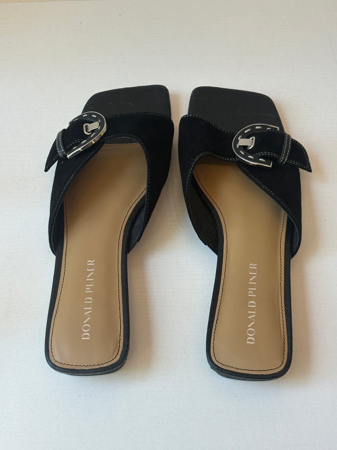 Donald Pliner Black Suede and Croc-Embossed Buckle Sandals