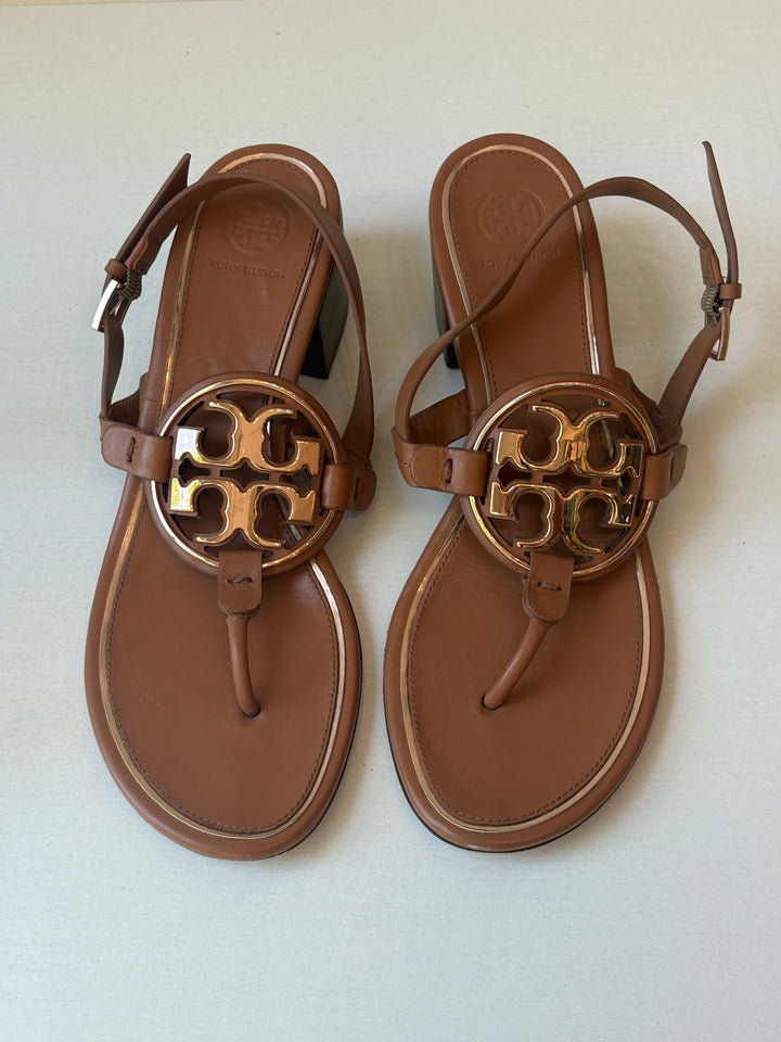Tory Burch Cognac Leather Miller Block Heel Sandals