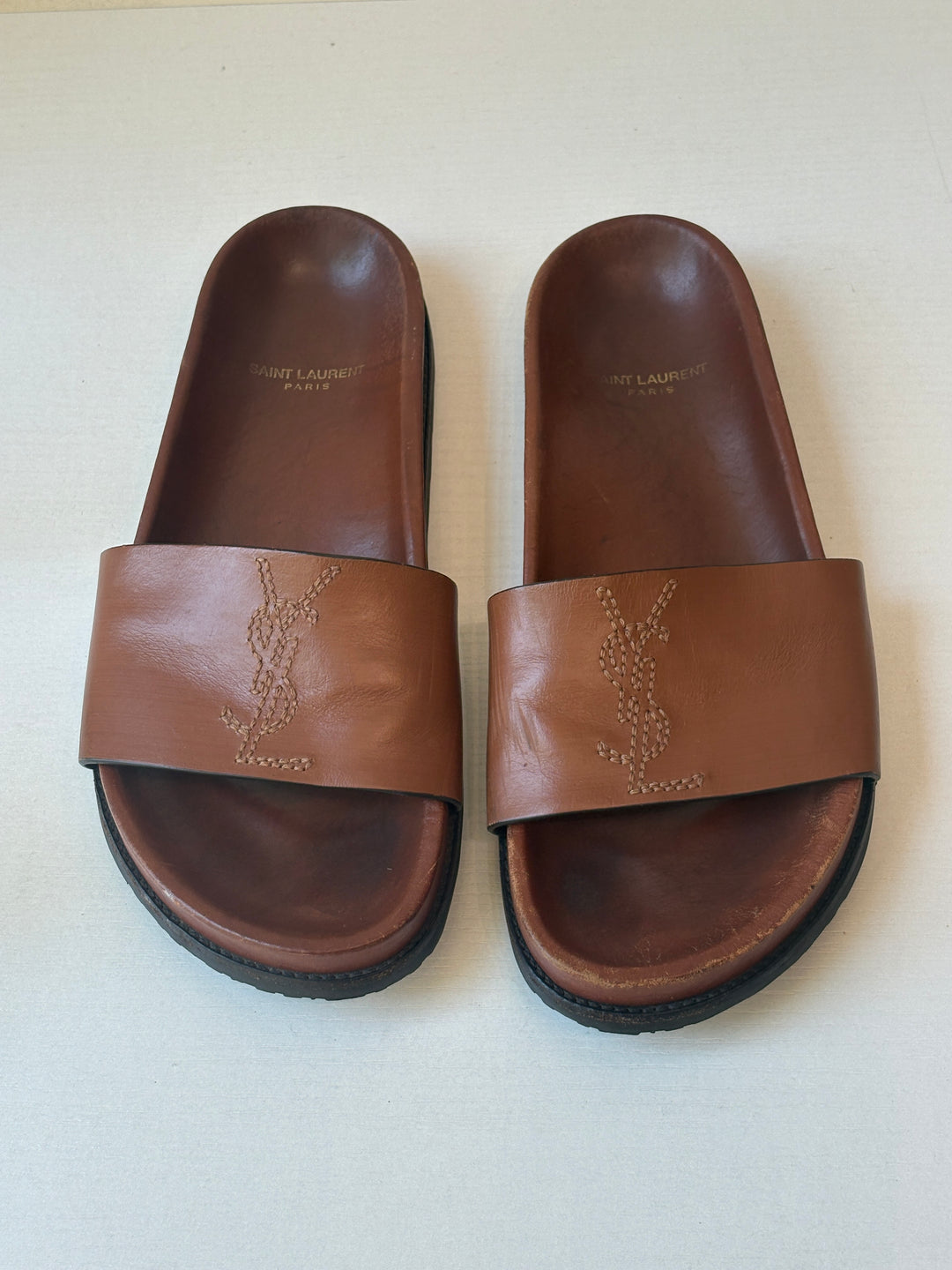 Saint Laurent Brown Leather YSL Logo Slide Sandals