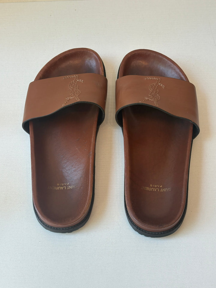 Saint Laurent Brown Leather YSL Logo Slide Sandals