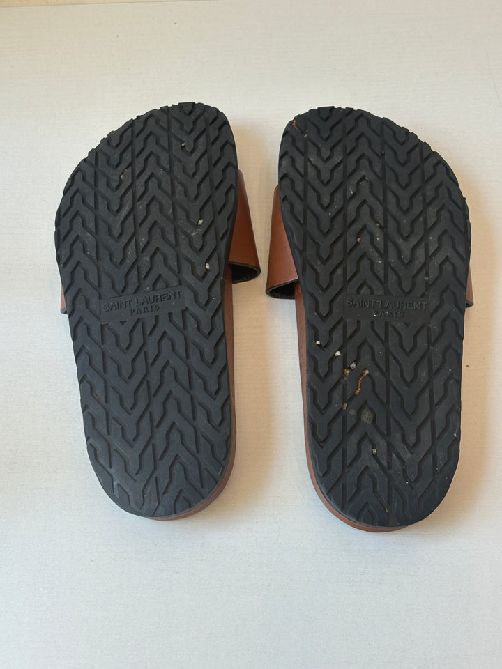 Saint Laurent Brown Leather YSL Logo Slide Sandals