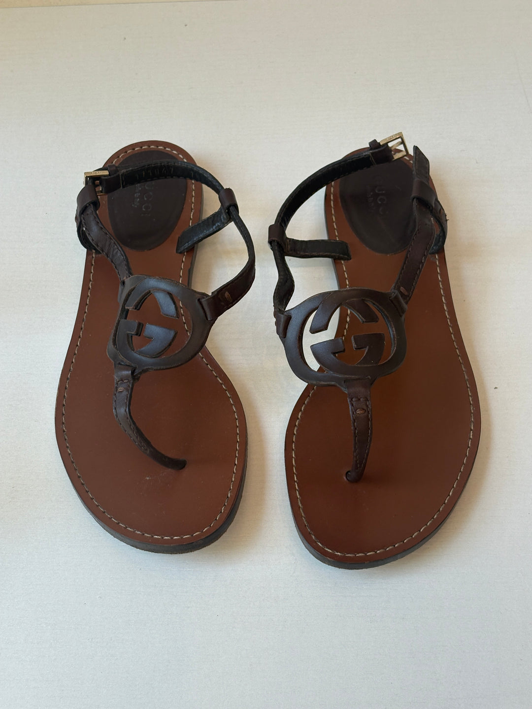 Gucci Brown Leather Interlocking GG Thong Sandals