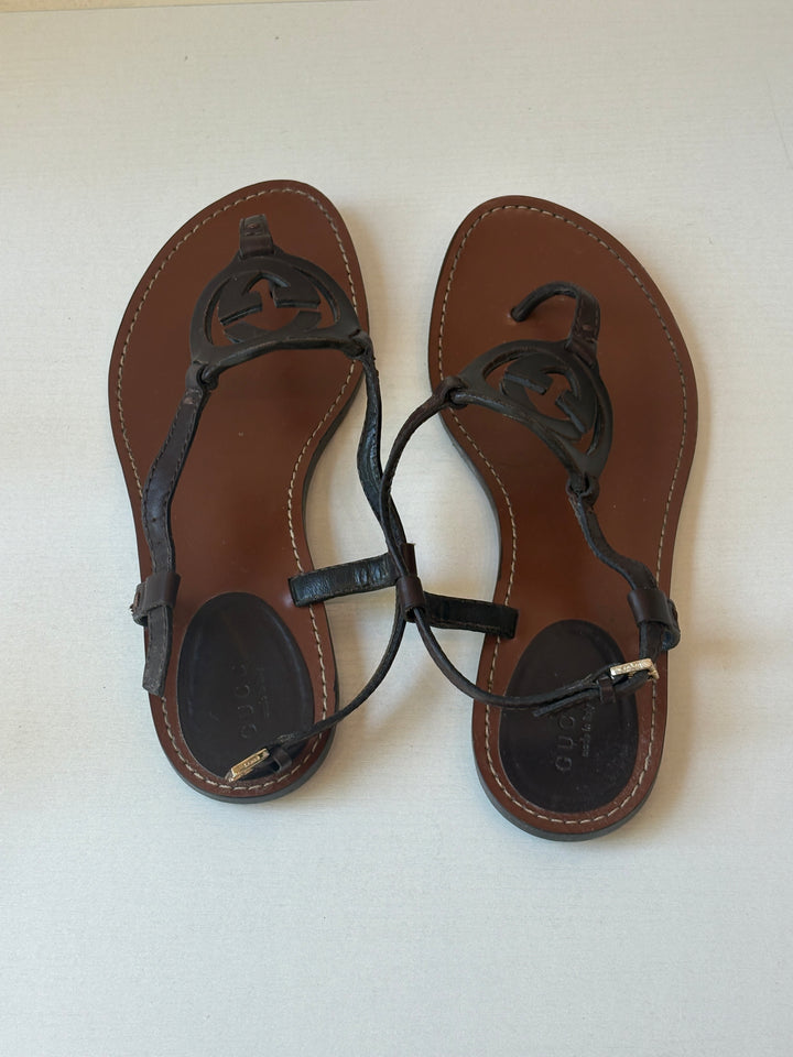 Gucci Brown Leather Interlocking GG Thong Sandals