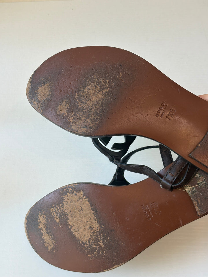 Gucci Brown Leather Interlocking GG Thong Sandals