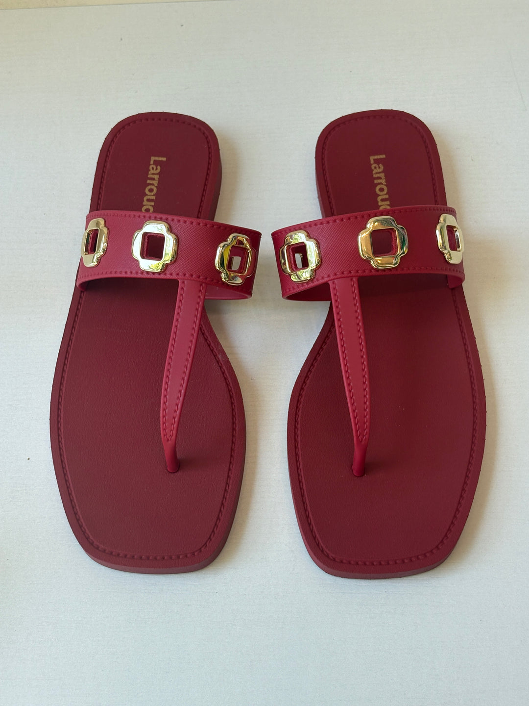 Larroude Red Leather Jeweled Thong Sandals