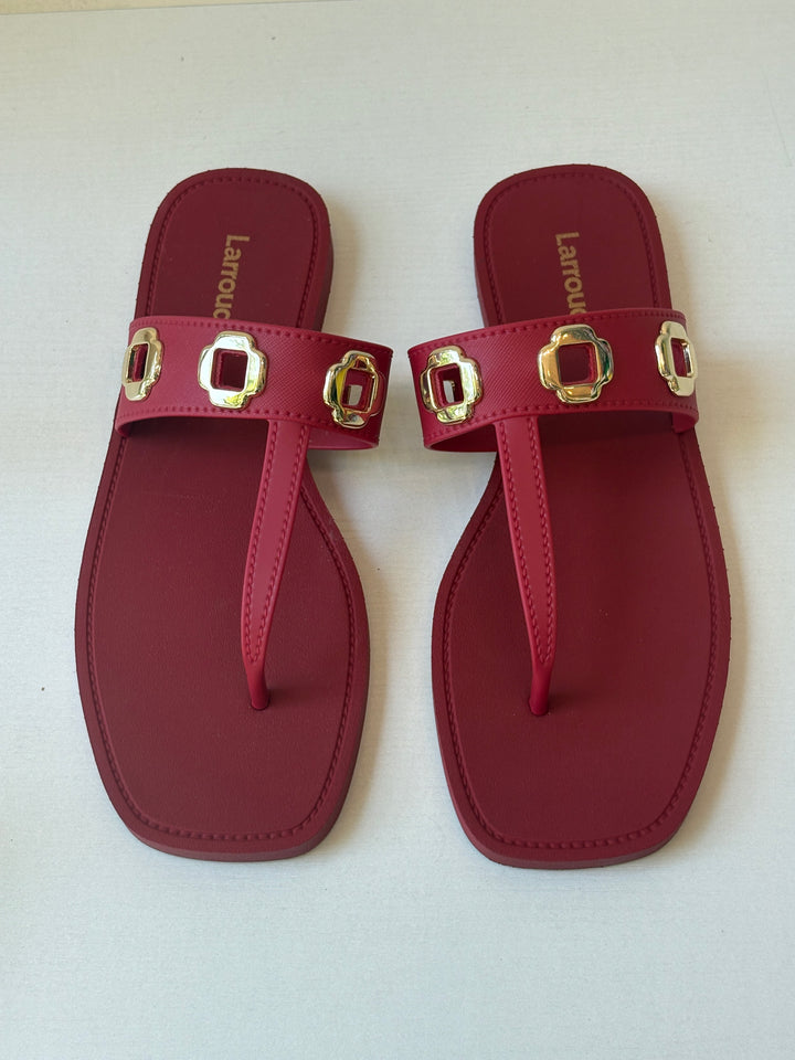 Larroude Red Leather Jeweled Thong Sandals
