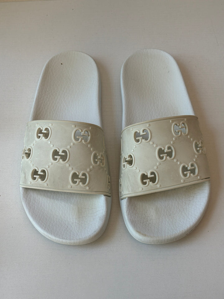 Gucci White GG Monogram Rubber Slide Sandals