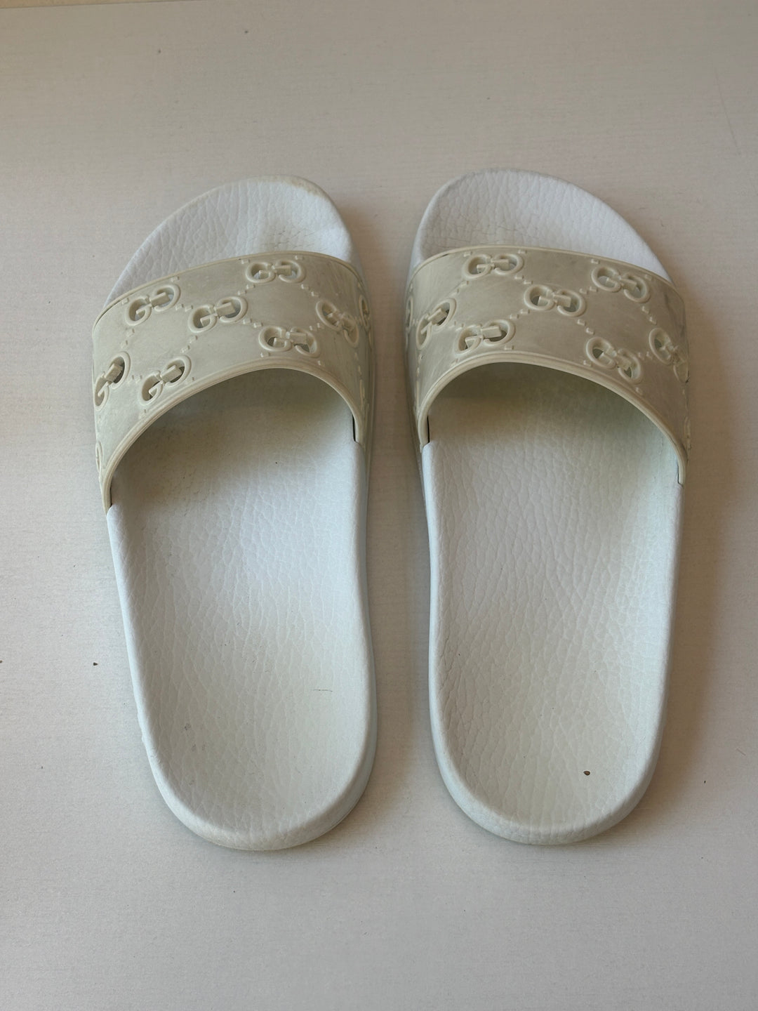 Gucci White GG Monogram Rubber Slide Sandals