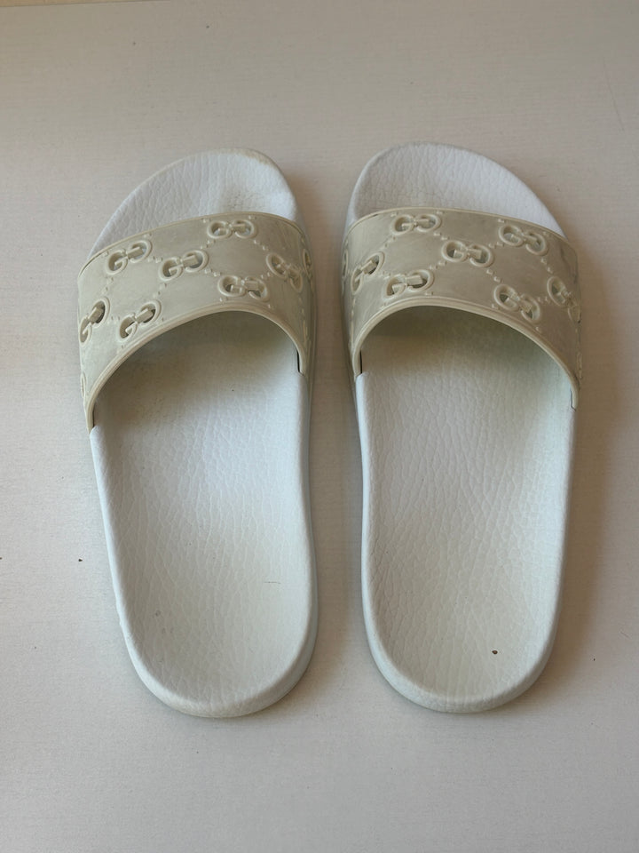 Gucci White GG Monogram Rubber Slide Sandals