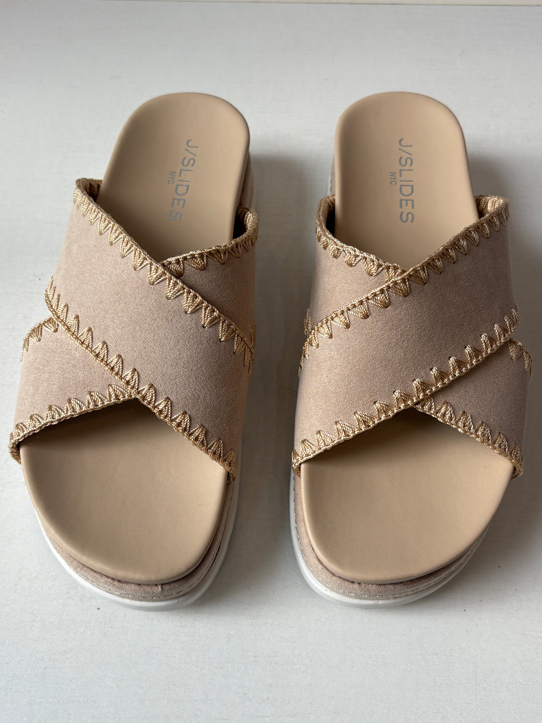 J/Slides NYC Beige Whipstitch Crisscross Platform Slides