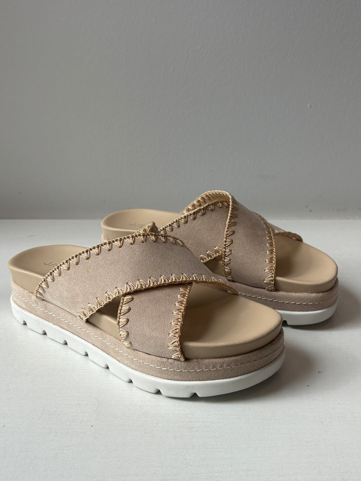 J/Slides NYC Beige Whipstitch Crisscross Platform Slides