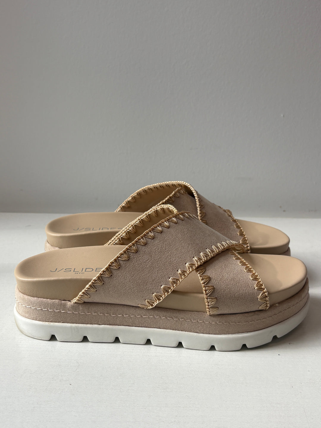 J/Slides NYC Beige Whipstitch Crisscross Platform Slides