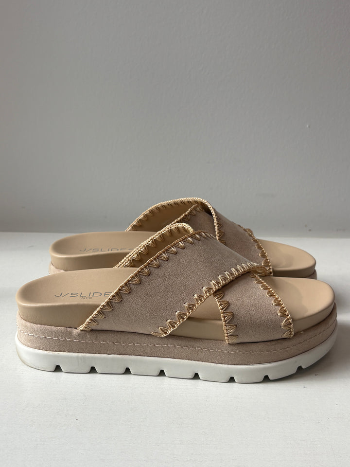 J/Slides NYC Beige Whipstitch Crisscross Platform Slides