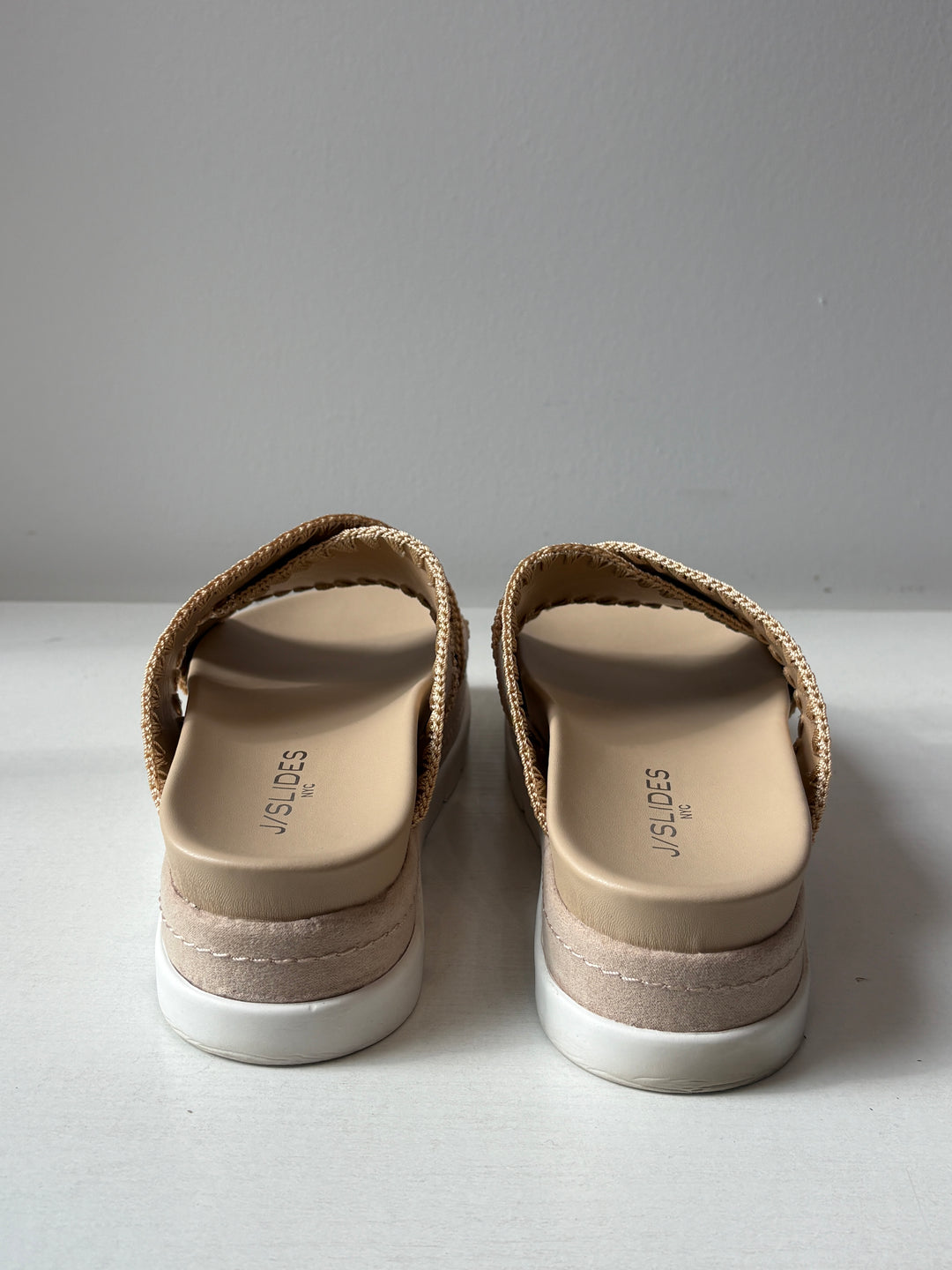 J/Slides NYC Beige Whipstitch Crisscross Platform Slides