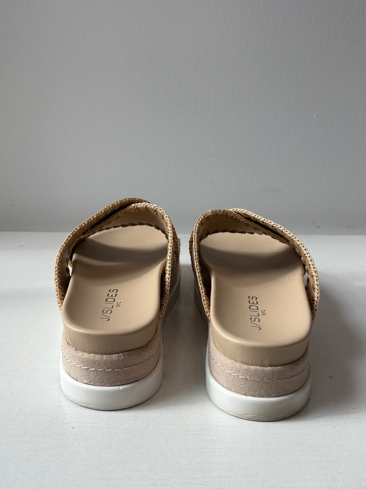 J/Slides NYC Beige Whipstitch Crisscross Platform Slides