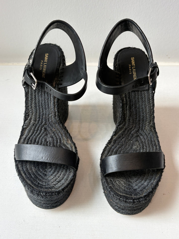 Saint Laurent Black Studded Leather Espadrille Wedge Sandals