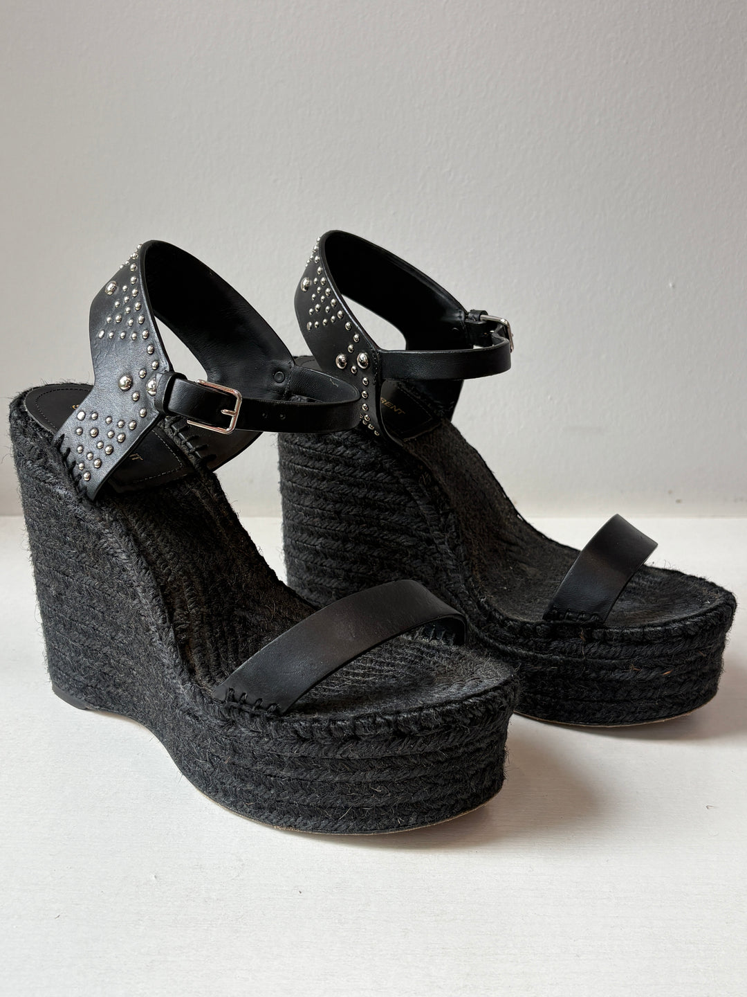 Saint Laurent Black Studded Leather Espadrille Wedge Sandals