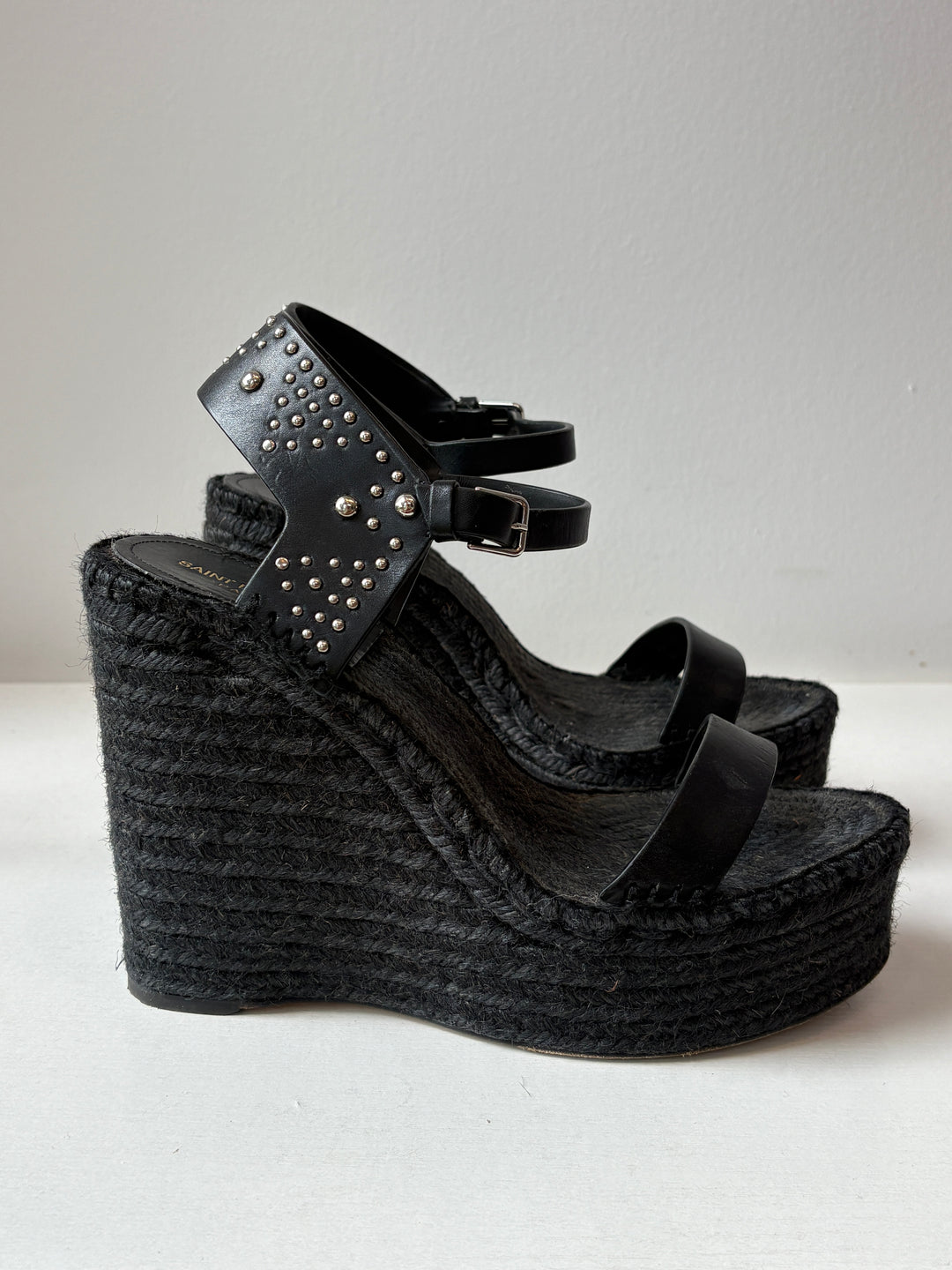 Saint Laurent Black Studded Leather Espadrille Wedge Sandals