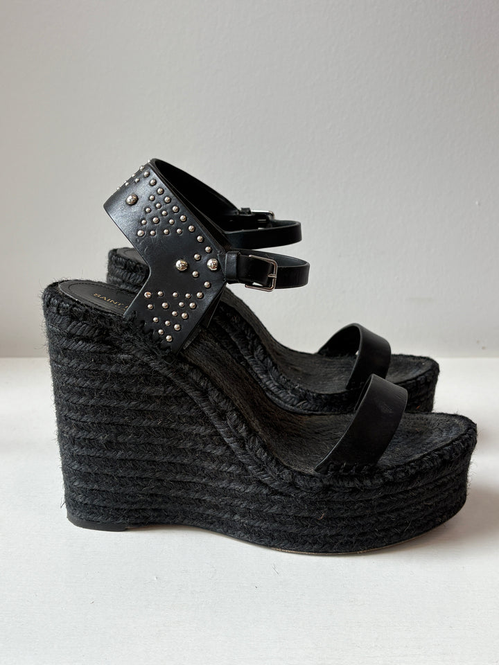Saint Laurent Black Studded Leather Espadrille Wedge Sandals