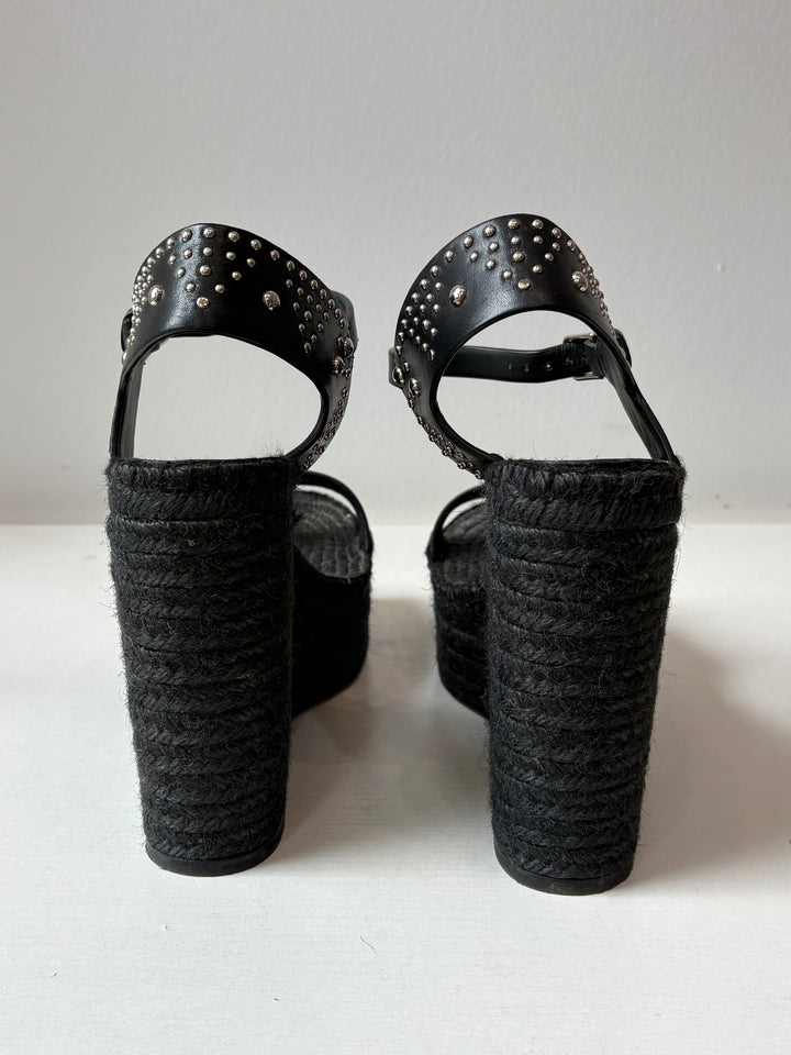 Saint Laurent Black Studded Leather Espadrille Wedge Sandals