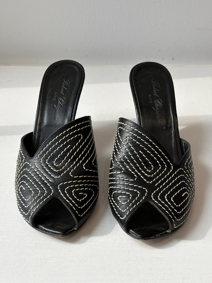 Robert Clergerie Black Leather Sculpted-Heel Mules with Contrast Stitching