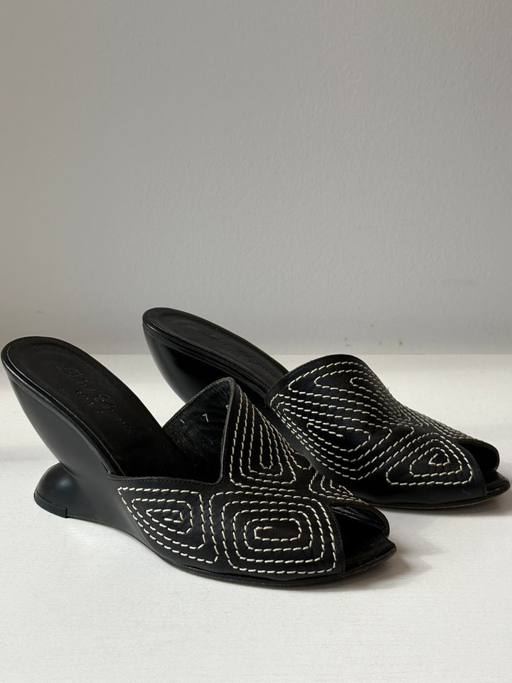 Robert Clergerie Black Leather Sculpted-Heel Mules with Contrast Stitching
