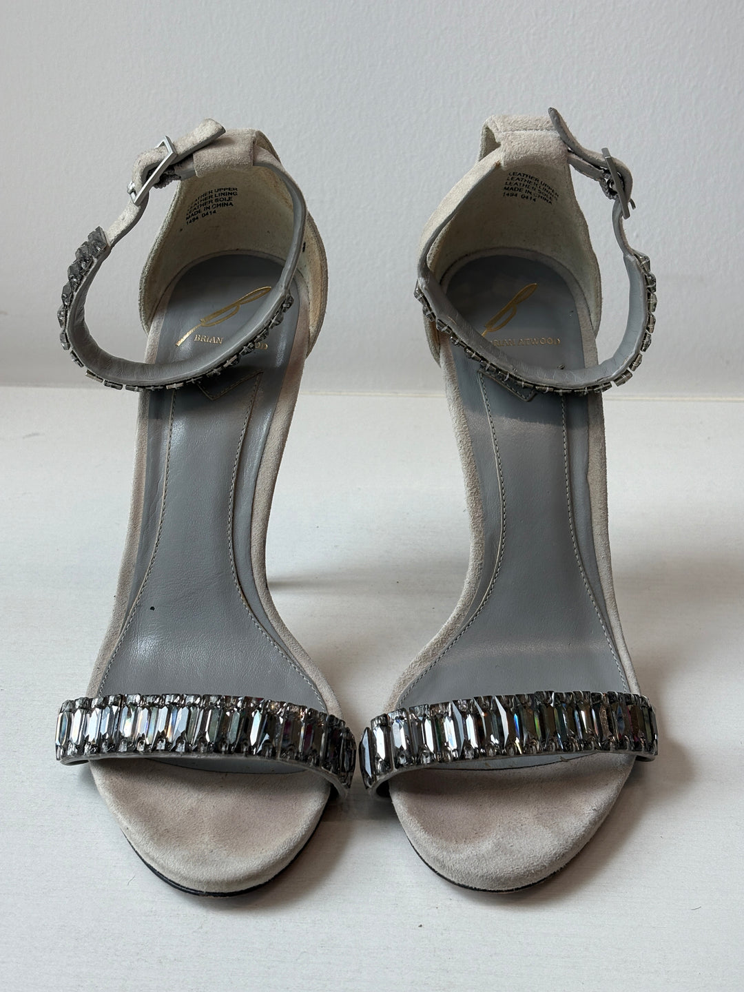 B by Brian Atwood Silver Crystal-Embellished Suede Heels