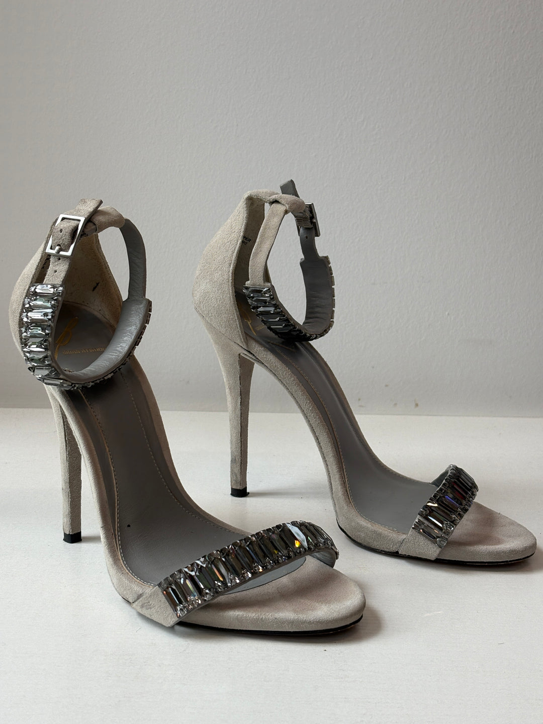 B by Brian Atwood Silver Crystal-Embellished Suede Heels