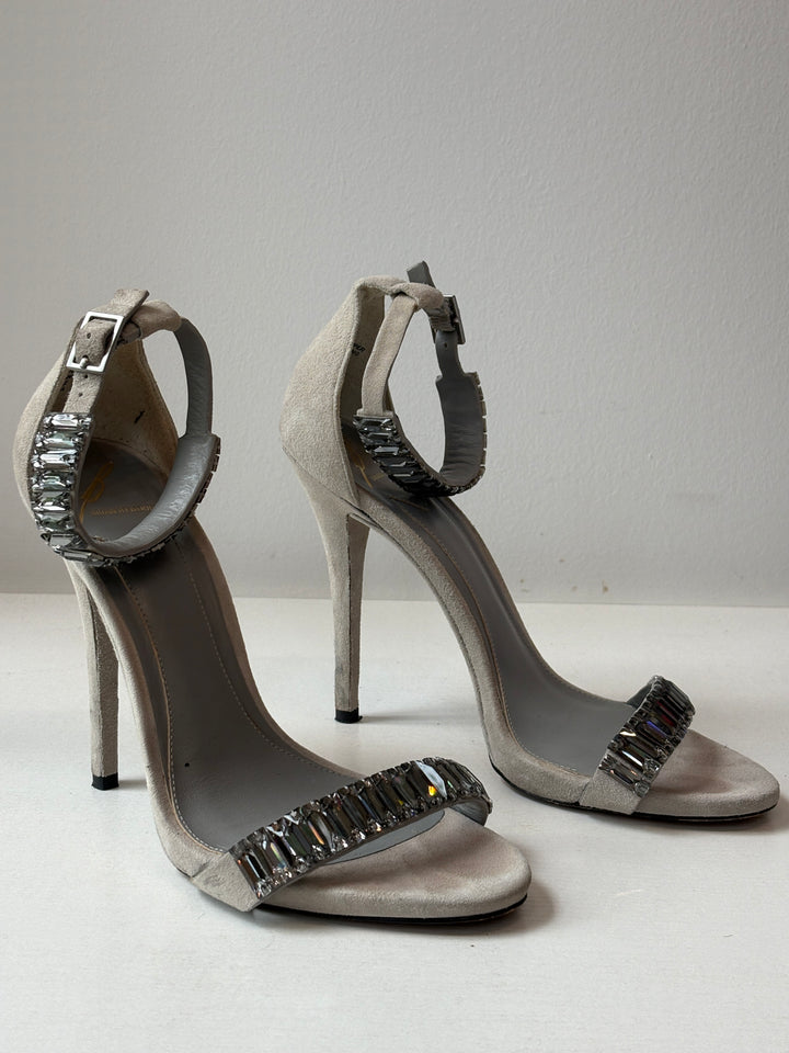 B by Brian Atwood Silver Crystal-Embellished Suede Heels